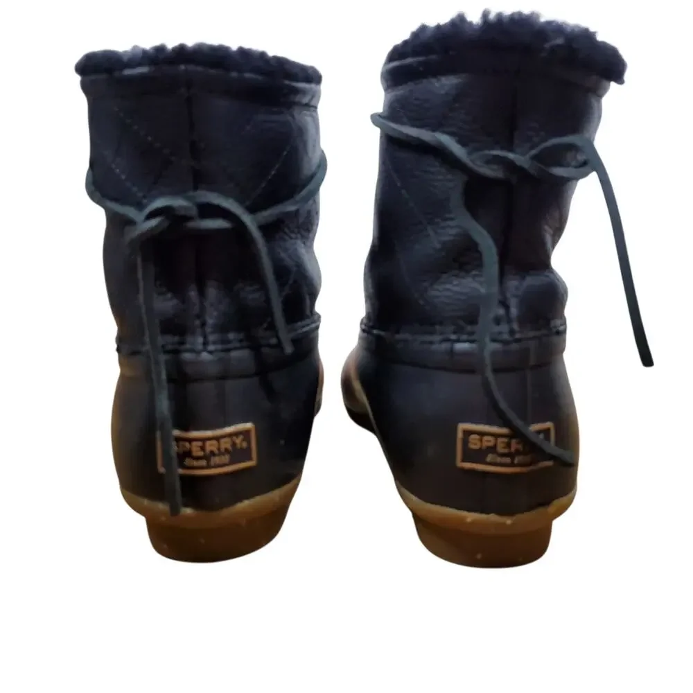 Sperry Saltwater Winter Luxe Duck Boots Womens 7M Black Quilt Leather Lined